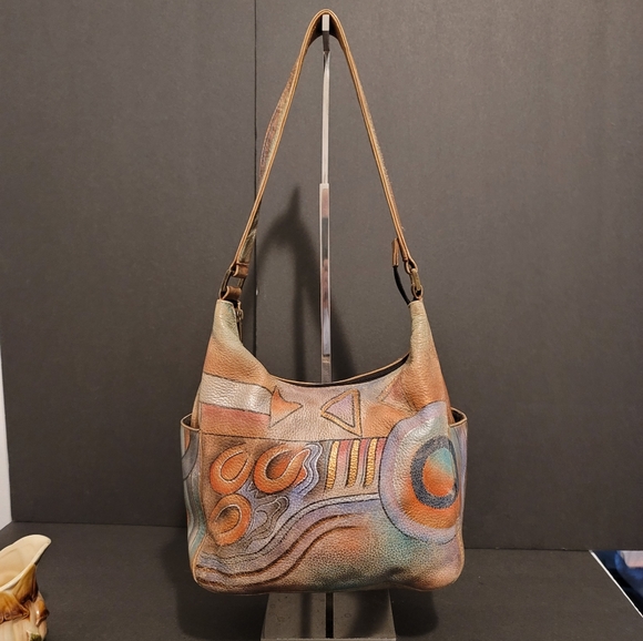 Anushka Hand Painted Leather Hobo Shoulder Bag Geometric Shapes - Picture 3 of 15